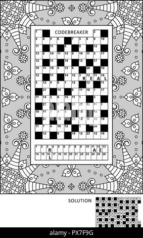 Puzzle and coloring activity page for grown-ups with codebreaker, or codeword, else code cracker word game (English) and wide decorative frame to color. Answer included. Stock Vector