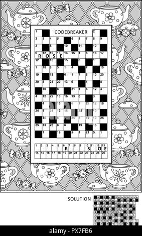 Puzzle and coloring activity page for grown-ups with codebreaker, or codeword, else code cracker word game (English) and wide decorative frame to color. Stock Vector