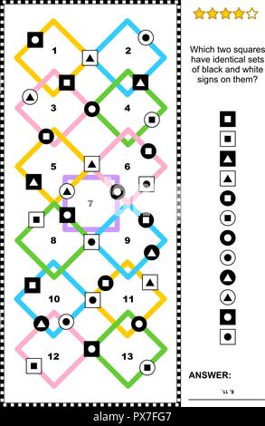 IQ training abstract visual puzzle (suitable both for kids and adults): Which two squares have identical sets of black and white signs on them? Stock Vector