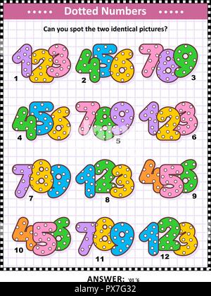 IQ and memory training visual puzzle for kids and adults with colorful dotted numbers: Can you spot the two identical pictures? Answer included. Stock Vector