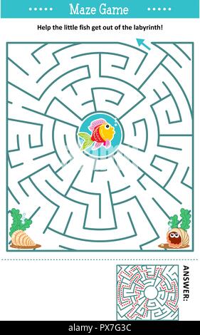 Maze game: Help the little fish get out of the labyrinth. Answer included. Stock Vector