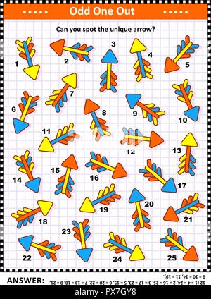 IQ training visual puzzle with colorful arrows (suitable both for kids and adults): Spot the odd one out. Find the unique arrow. Answer included. Stock Vector