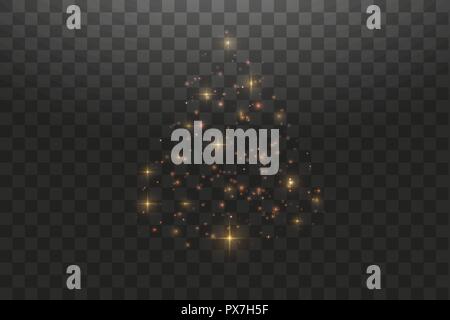 Christmas Tree made. Gold glitter bokeh lights and sparkles. Shining star, sun particles and sparks with lens flare effect on transparent background Stock Vector