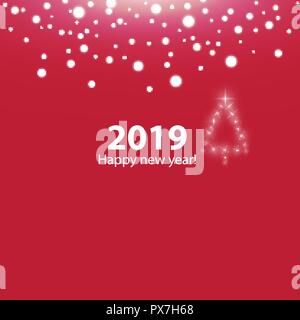 Christmas tree from light vector background. Greeting card or invitation. Merry Christmas and New Year 2019 typographical and snow on holidays background Stock Vector