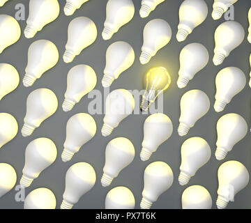 Light bulb idea, 3d. Only one glowing light bulb in a row with other light bulb Stock Photo