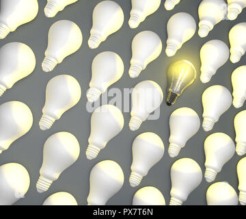 Light bulb idea, 3d. Only one glowing light bulb in a row with other light bulb Stock Photo