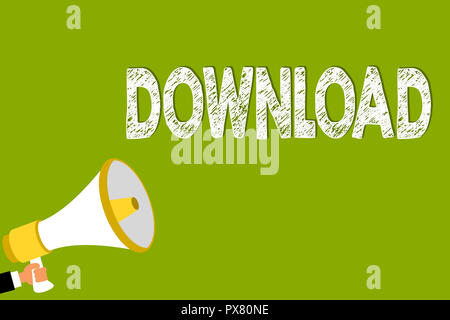 Word writing text Download. Business concept for copy data from one computer system another typically over Internet Man holding megaphone loudspeaker  Stock Photo