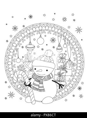 Christmas coloring page. Adult coloring book. Cute snowman with scarf and knitted cap. Holiday decoration and pile of presents. Hand drawn outline vector illustration. Stock Vector