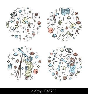 Vector set of design of astronomer and astronomic objects. Stock Vector