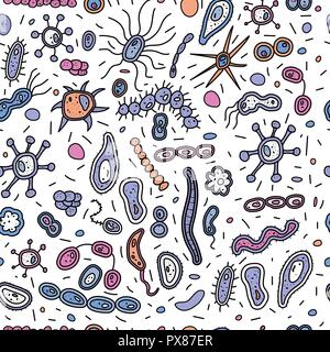 Bacterias cells seamless pattern. Microorganism collection. Vector doodle style composition. Stock Vector