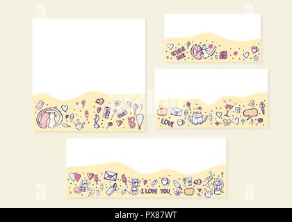 Templates for social media with hand drawn cute love symbols and cats. Backgrounds for online networks  with empty space for text message. Vector illu Stock Vector
