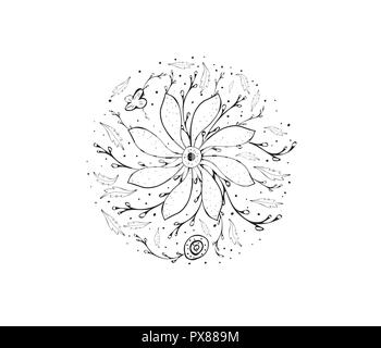 Flowers and leaves sketch composition.  Hand drawn style round badge.  Vector ilustration. Stock Vector