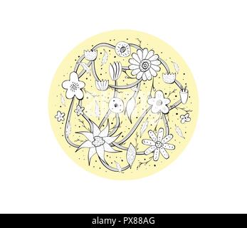 wild flowers and leaves round composition in doodle style.  Vector ilustration. Stock Vector