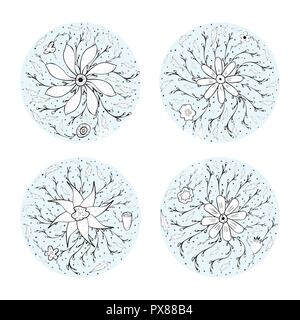 wild flowers and leaves round compositions in doodle style.  Vector ilustration. Stock Vector