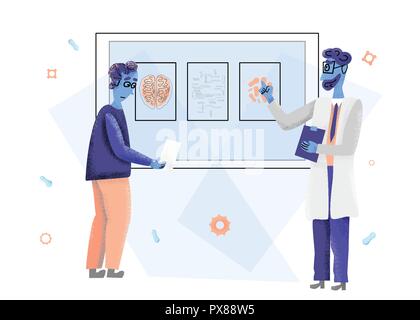 Flat concept of medical brain diagnostic. Vector banner with doctor and patient. Stock Vector
