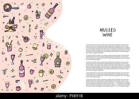 Vector template with  mulled wine elements and objects. Background composition in doodle style. Stock Vector