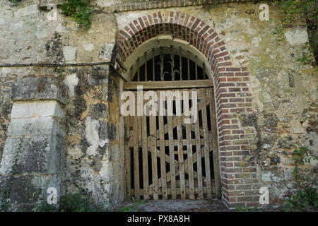 Old wood door entrance to a troglodyte cave in a limestone hill in the country Stock Photo