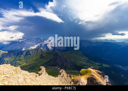 Stormy clouds above Marmolada. Fassa Valley, Trentino, Dolomites, Italy, Europe. Stock Photo