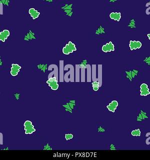 Green Christmas tree seamless pattern. Blue background. Vector illustration. Stock Vector