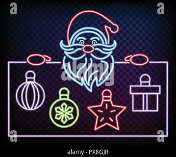 Neon Santa is holding banner. Glow on black background. Place for text. Christmas banner Stock Vector