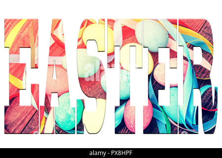EASTER. Font Easter theme. Designer stocking from Easter colored eggs with colorful ribbons on a wooden table Stock Photo