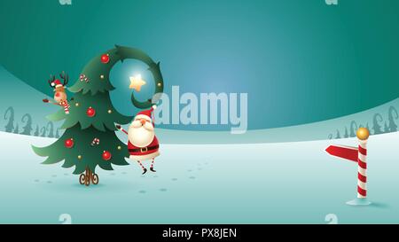 Santa Claus and Reindeer with Christmas tree on winter landscape. North pole sign Stock Vector