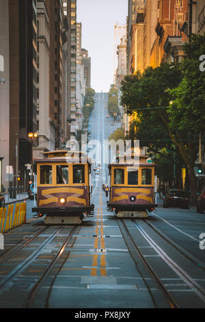 Classic panorama view of historic San Francisco Cable Cars on famous California Street at sunset with retro vintage Instagram style VSCO filter effect