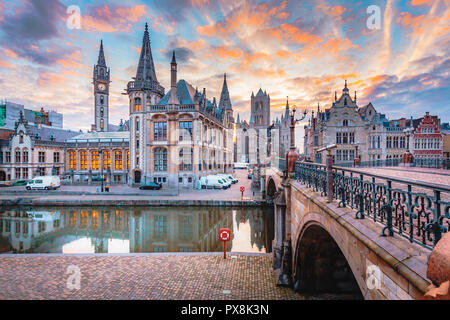 Panoramic view of the historic city center of Ghent with Leie river illuminated in beautiful twilight, Ghent, East Flanders, Belgium Stock Photo