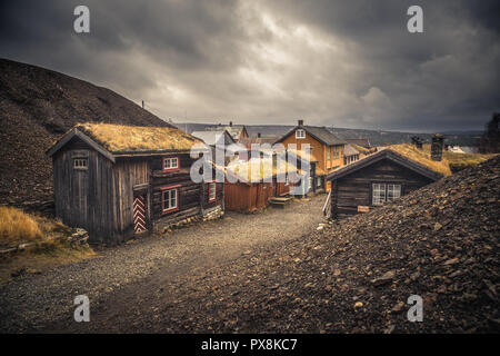 Mining town Røros in Norway, fantastic original old norwegian town, set as a UNESCO World Heritage Site. Traditional wooden architecture. Stock Photo