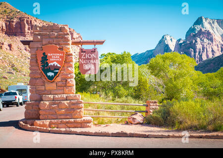 Zion National Park entrance monument sign on a beautiful sunny day with blue sky in summer, Utah, USA Stock Photo