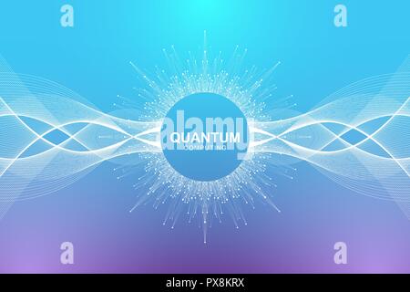 Quantum computer technology concept. Deep learning artificial intelligence. Big data algorithms visualization for business, science, technology. Waves flow. Vector illustration Stock Vector