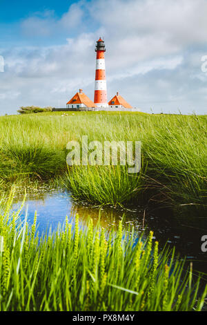 Beautiful view of famous Westerheversand on a sunny day with blue sky and clouds in summer, North Sea, Schleswig-Holstein, Germany Stock Photo