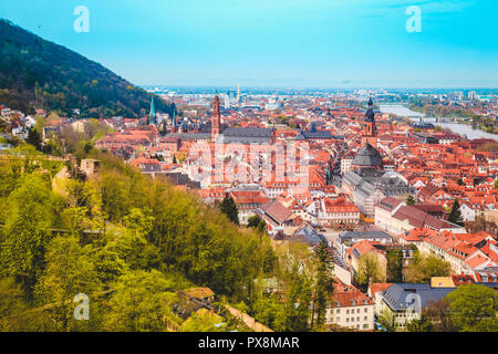 Panoramic view of the old town of Heidelberg on a beautiful sunny day with blue sky and clouds in summer, Baden-Wuerttemberg, Germany Stock Photo