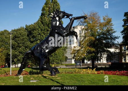 The metal black horse sculpture called Bucephalus and knew locally as Trigger. The sculpture was created by Simon Evans and is on Greyfriars Green in  Stock Photo