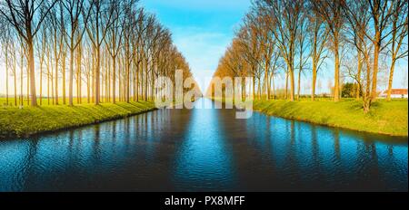 Beautiful view of famous Damme Canal, also known as Damse Vaart or Napoleonvaart, near the city of Brugge in evening light at sunset Stock Photo