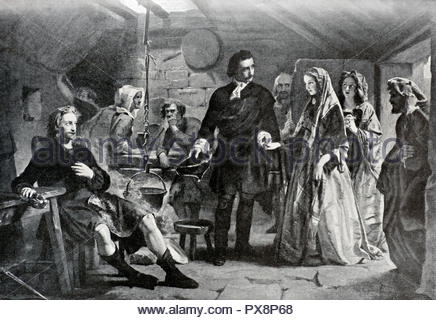 Flora Macdonald,1722 – 1790, introduction to Bonnie Prince Charlie, 1720 – 1788, in June 1746 on the island of South Uist Scotland, illustration from 1922 Stock Photo