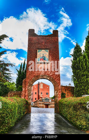 Castel di Leva Rome, Italy - October 6, 2018 :Landscape of the ancient Tower with the  entrance to the ancient  structure of the Sanctuary of the Divi Stock Photo