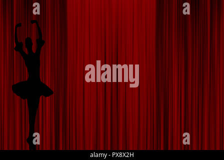 beautiful ballerina silhouette of a women dancing on pointe shoes wearing a tutu dress with a red curtain background Stock Photo