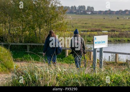 Southport, Merseyside. UK Weather 20/10/2018. Sunny day for birdwatchers, birders, bird watching on the RSPB Marshside Nature Reserve, in the Ribble Estuary. Stock Photo