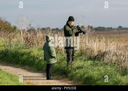 Southport, Merseyside. UK Weather 20/10/2018. Sunny day for birdwatchers, birders, bird watching on the RSPB Marshside Nature Reserve, in the Ribble Estuary. Stock Photo