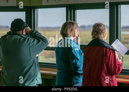 Southport, Merseyside. UK Weather 20/10/2018. Sunny day for birdwatchers, birders, bird watching on the RSPB Marshside Nature Reserve, in the Ribble Estuary. Credit: MediaWorldImages/AlamyLiveNews. Stock Photo