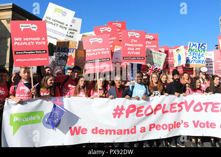 Central London, UK, 20th Oct 2018. Mayor Sadiq Khan at the front of the march, with a group of young people who represent the future of the country. The People’s Vote March demands a final vote on the Brexit deal. It makes its way through Central London and ends with a rally and speeches in Parliament Square. The march is organised by the People’s Vote campaign and attended by many different groups and organisations. It is supported by the Mayor of London who opens the march and speaks at the rally, as well as many public figures. Credit: Imageplotter News and Sports/Alamy Live News Stock Photo