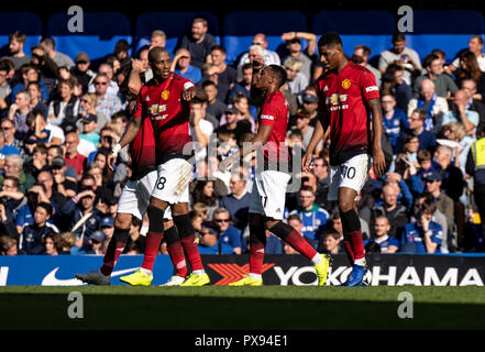 London, UK. 20th Oct, 2018. Anthony Martial of Manchester United celebrates his 2nd goal during the Premier League match between Chelsea and Manchester United at Stamford Bridge, London, England on 20 October 2018. Photo by Liam McAvoy. Credit: UK Sports Pics Ltd/Alamy Live News Stock Photo