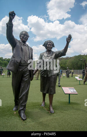 Pretoria, South Africa, 20 October, 2018. A sculpture of Walter and Nontsikelelo Albertina Sisulu, who would have celebrated her 100th birthday tomorrow, 21 October. The artwork forms part of the National Heritage Monument, in Pretoria's Groenkloof Nature Reserve. Flanked by Nelson Mandela, the Sisulus lead 'The March to Freedom,' comprising more than 50 life-size bronze sculptures of men and women who fought for South Africa’s liberation from Apartheid. Eva-Lotta Jansson/Alamy Live News Stock Photo