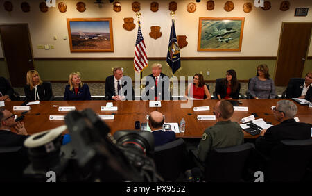 U.S President Donald Trump, center, during a roundtable discussion with military and civilian leaders at Luke Air Force Base October 19, 2018 outside Glendale, Arizona. Stock Photo