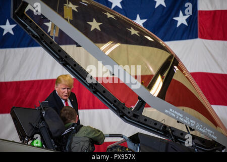 Lt. Col. Jason Curtis, F-35A Lightning II pilot briefs U.S President Donald Trump, on the capabilities of the F-35 fighter aircraft during a visit to Luke Air Force Base October 19, 2018 outside Glendale, Arizona. Stock Photo