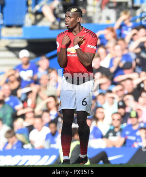 London, UK. 20th Oct, 2018. Paul Pogba of Manchester during the Premier League match between Chelsea and Manchester United at Stamford Bridge on October 20th 2018 in London, England. (Photo by Zed Jameson/phcimages.com) Credit: PHC Images/Alamy Live News Stock Photo