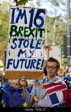 London, UK. 20th Oct, 2018. A 16 year old protestor at the People's Vote march holding a placard. Credit: Kevin J. Frost/Alamy Live News Stock Photo