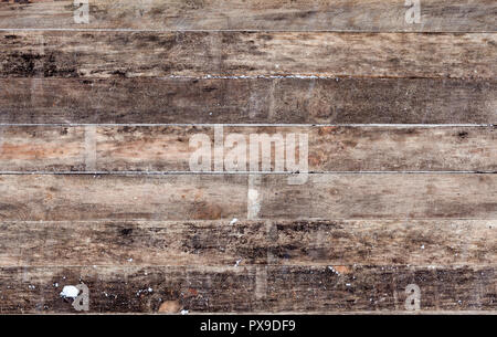 part of an old wooden floor covered with snow and worn out over time, closeup and details of an old wooden gazebo Stock Photo