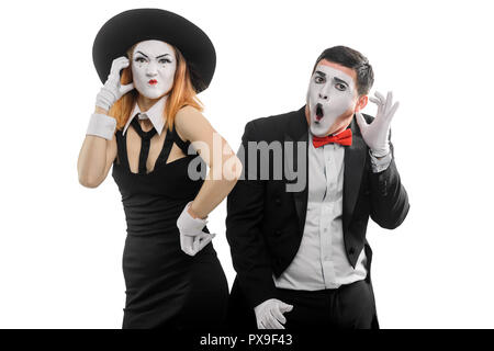 Phone quarrel between two mimes Stock Photo
